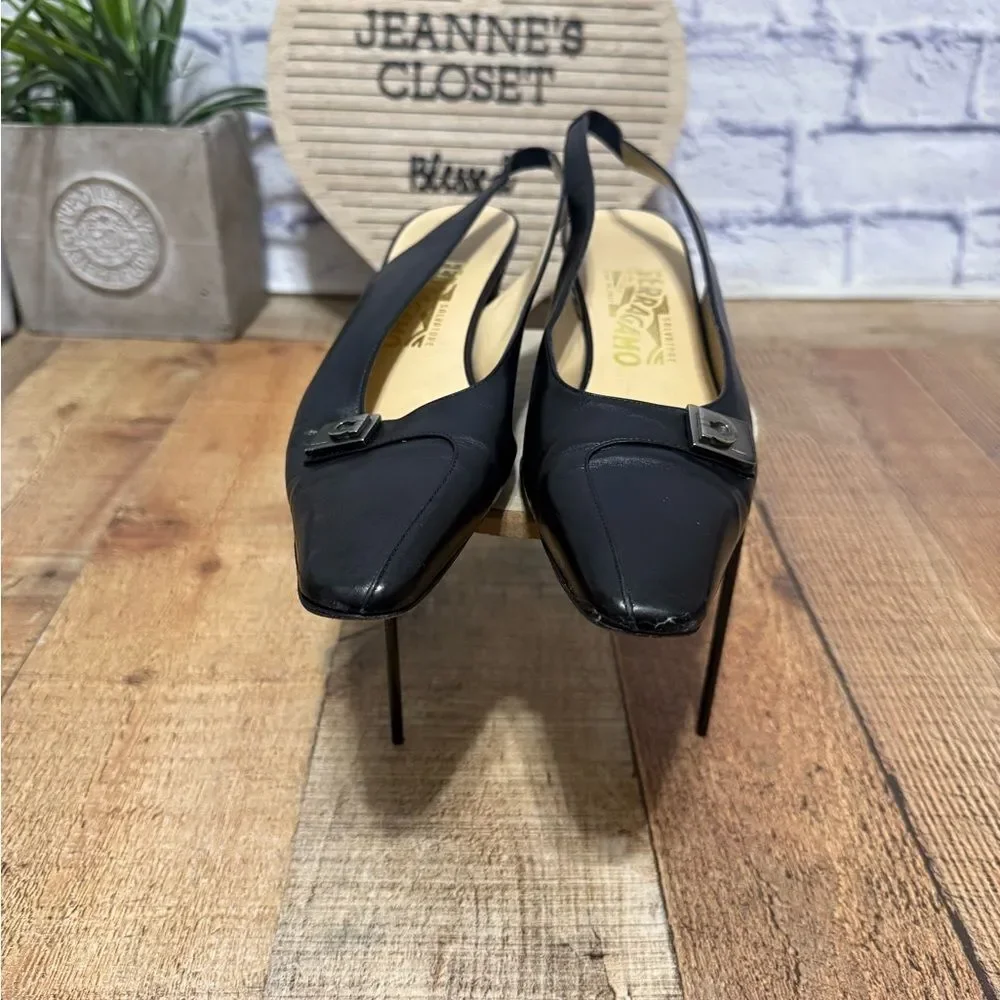 Salvatore Ferragamo black leather slingback kitten heels
